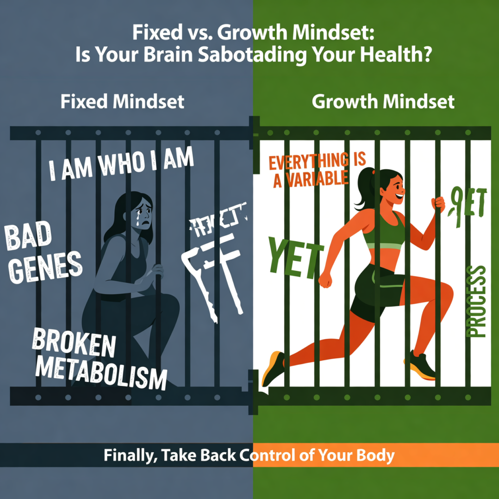 A split-screen infographic titled "Fixed vs. Growth Mindset: Is Your Brain Sabotaging Your Health?" On the left, a woman sits in a dark cage labeled "Fixed Mindset" with text like "Bad Genes" and "Broken Metabolism." On the right, the same woman runs freely in a bright, sunny landscape labeled "Growth Mindset," surrounded by icons for "Sleep Data," "Protein Intake," and "Workout Adjustment.