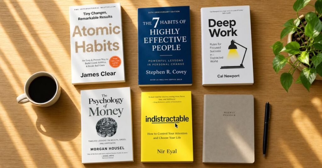 Stack of the best productivity books on a modern office desk with a laptop and notebook.