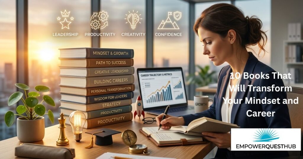 Stack of the 10 best books that transform your mindset and career, symbolizing personal growth, leadership, productivity, and professional success.