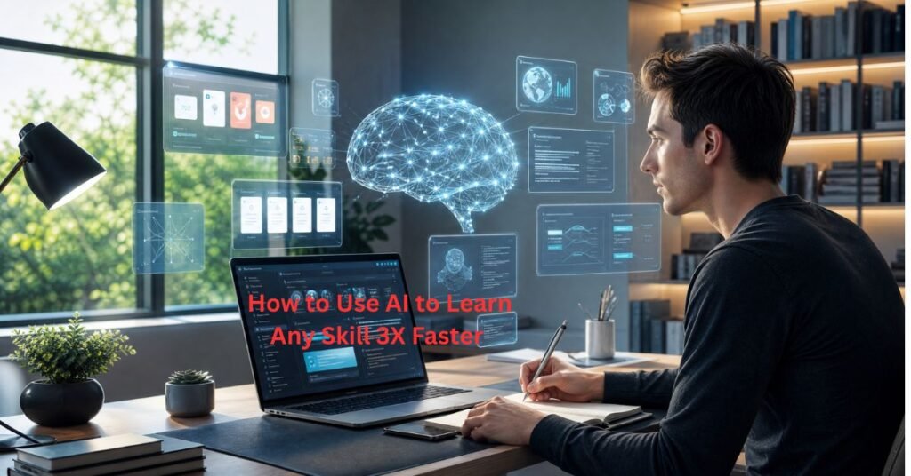 Person learning high-income skills online on a laptop, surrounded by icons representing AI, data, and design"