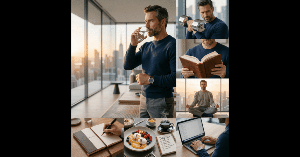 Entrepreneur reviewing a planner and coffee during an early morning productivity routine