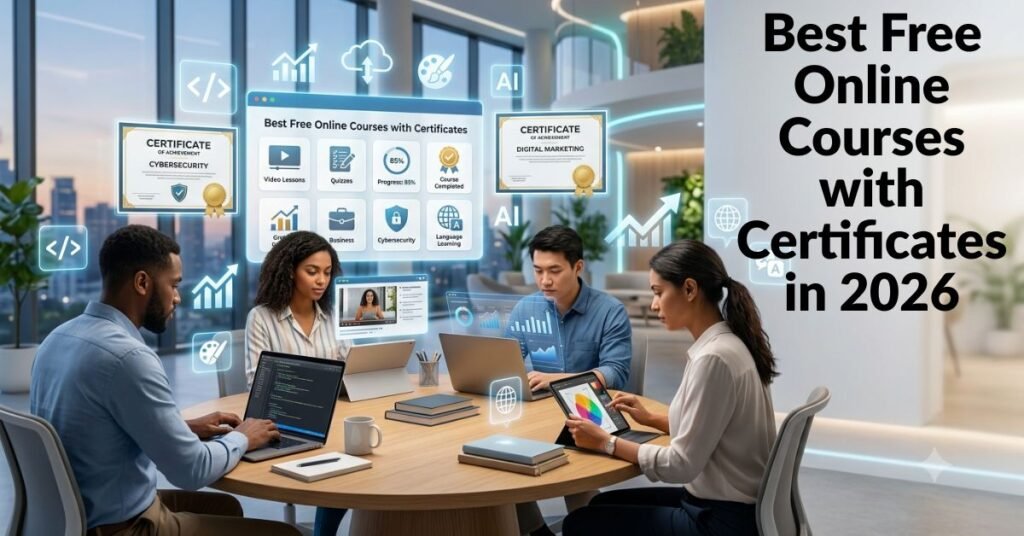 digital course dashboards, graduation certificates with gold seals, online learning icons, AI, coding, digital marketing, business, cybersecurity, data analytics, graphic design, and language learning symbols. Display recognizable learning concepts such as video lessons, quizzes, progress bars, achievement badges, and cloud-based education.