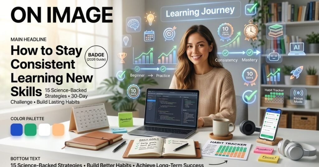 Person following a daily learning routine with a laptop, habit tracker, calendar, and progress timeline illustrating how to stay consistent when learning a new skill.