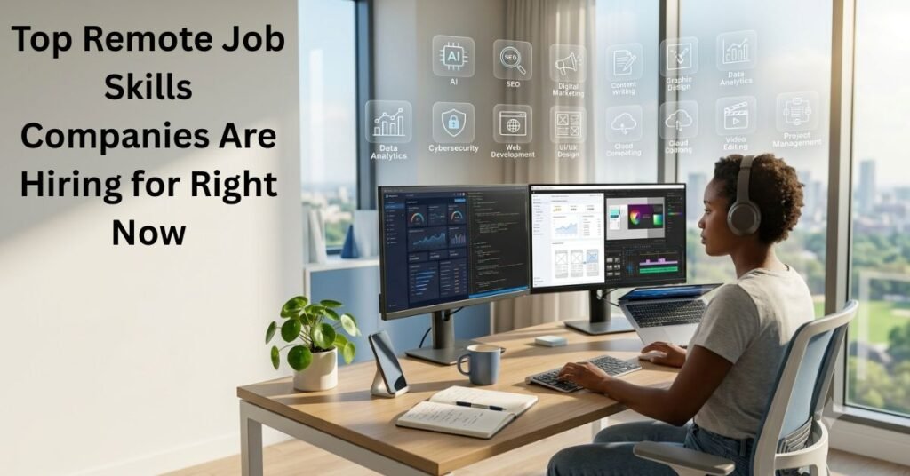 Professional working remotely in a modern home office showcasing top remote job skills including AI, digital marketing, web development, graphic design, cybersecurity, and data analytics.