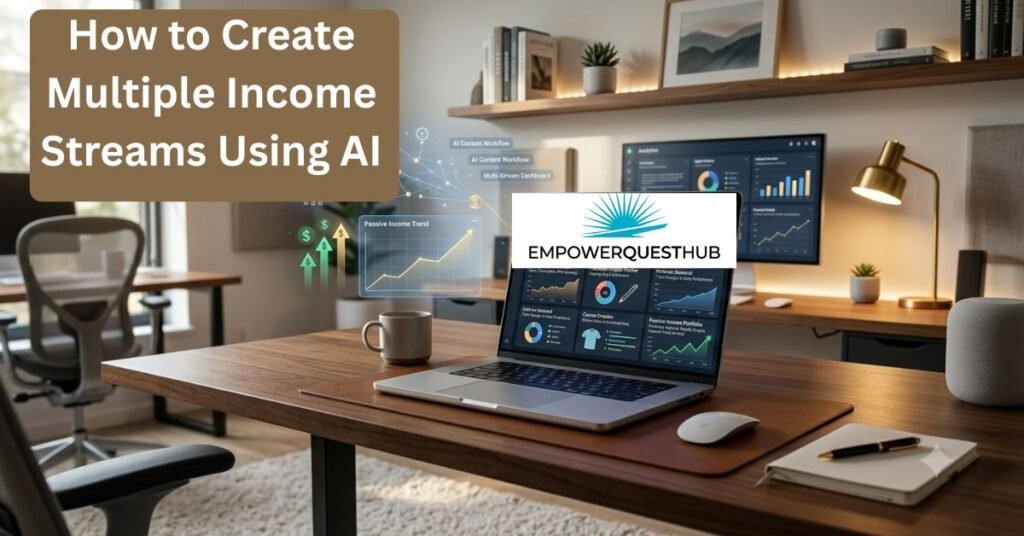 AI-powered workspace showing blogging, affiliate marketing, YouTube, digital products, and passive income ideas.