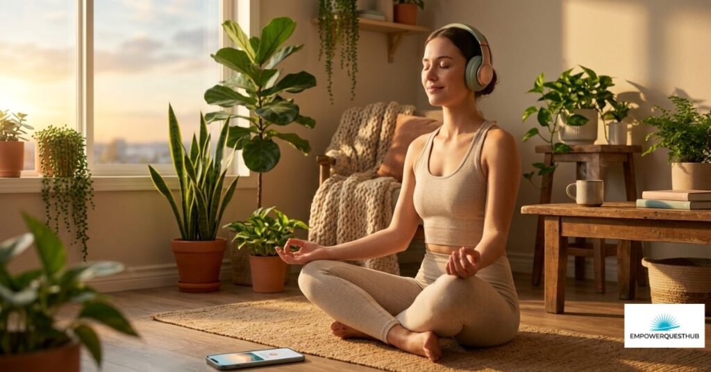 Woman using a guided meditation app to reduce stress at home.