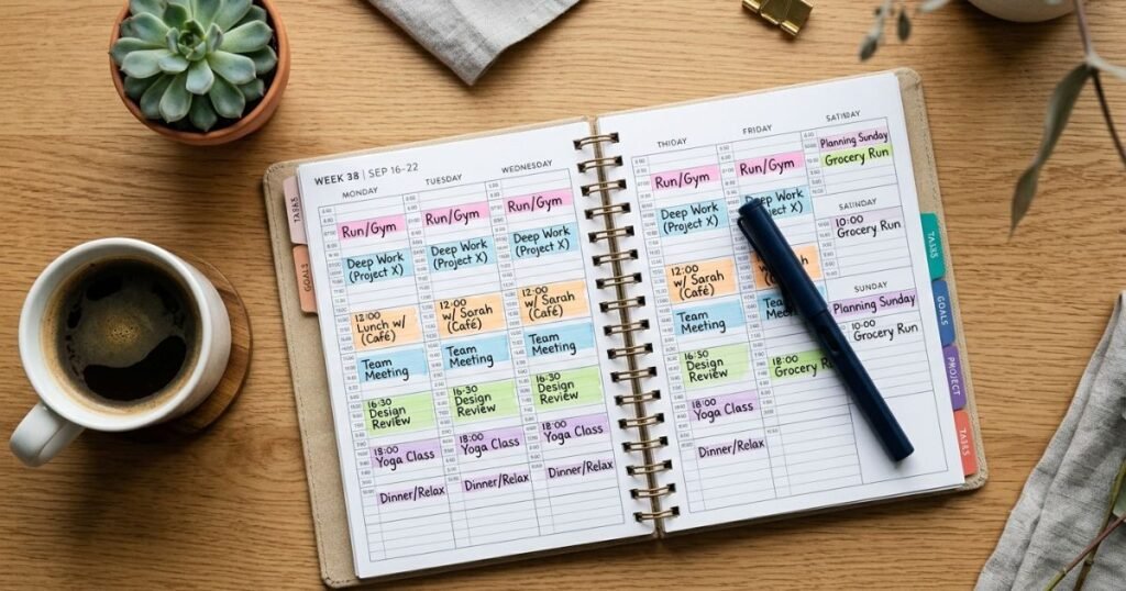 1. A flat-lay photo of an open planner showing an hourly time-blocking grid, pen resting on the page, minimalist desk background