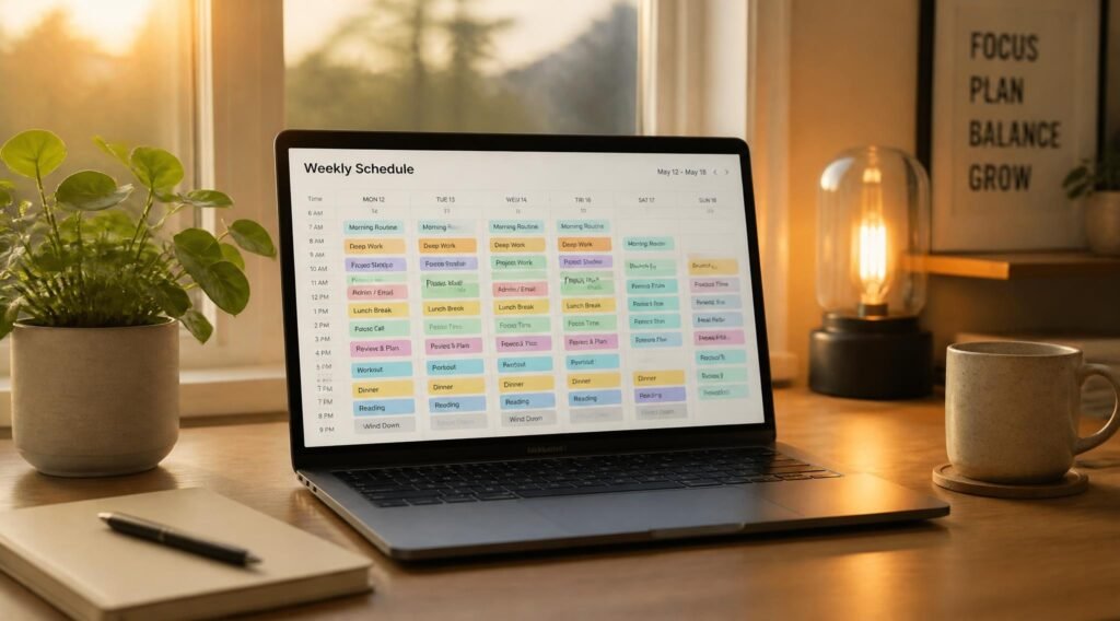 gpt image 2 A calm tidy workspace with a laptop displaying a balanced weekly schedule plant 0