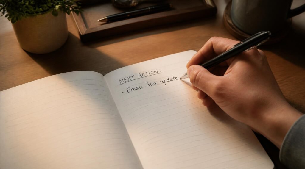 gpt image 2 A hand writing a single next action in an open notebook on a tidy desk warm side 0