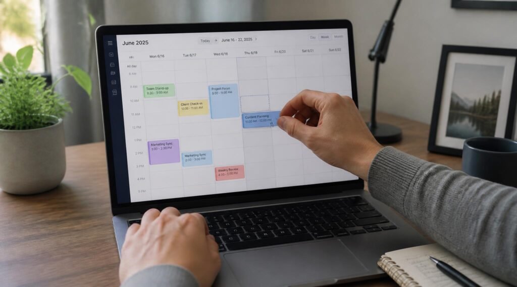gpt image 2 A person s hands dragging a task into an open slot on a weekly calendar on a lap 0