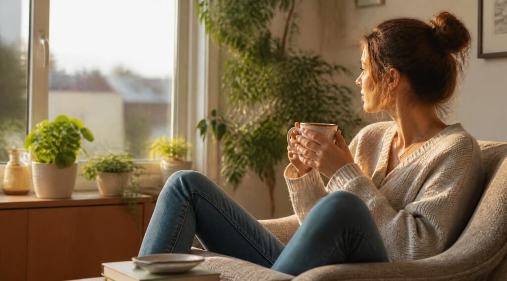 gpt image 2 A relaxed person sitting by a window with tea in a bright peaceful living room s 0