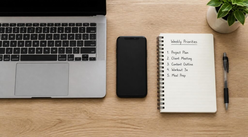 gpt image 2 Overhead flat lay of a laptop smartphone notebook with a short weekly priorities 0 1