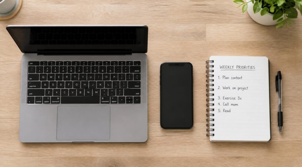 gpt image 2 Overhead flat lay of a laptop smartphone notebook with a short weekly priorities 0