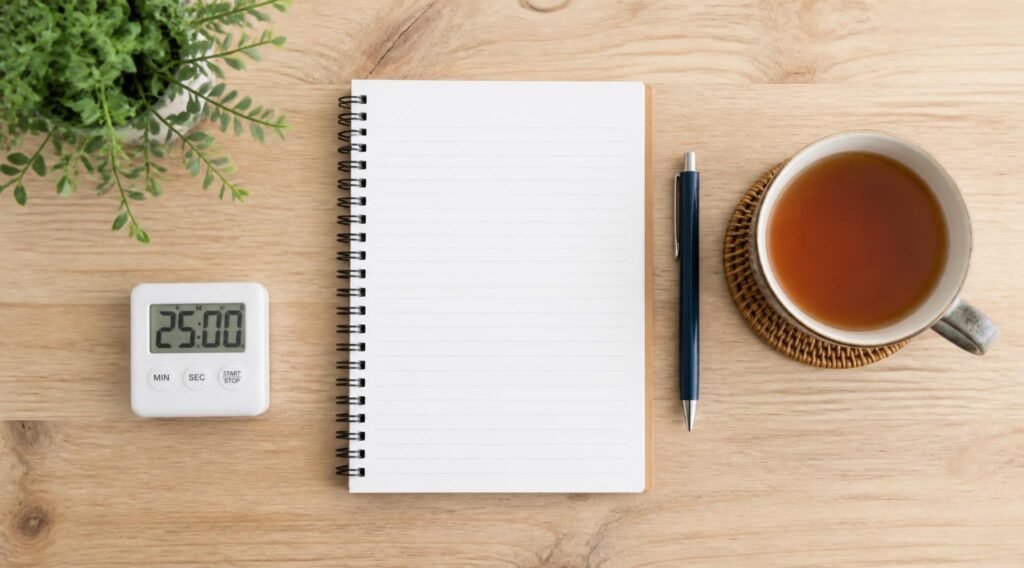 gpt image 2 Overhead flat lay of a notebook pen small timer and a cup of tea arranged neatly 0