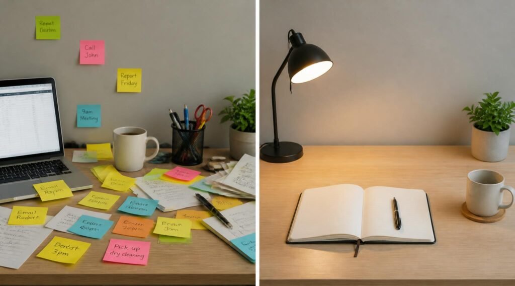 gpt image 2 Split image comparison showing a cluttered desk with scattered sticky notes on t 0
